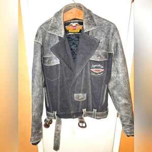 Harley Davidson Distressed Leather and Black Denim Vintage Jacket HTF